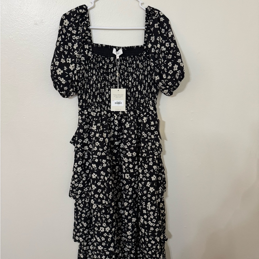 Bohme Black and White Puff Sleeve Midi Sundress
